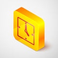 Isometric line Clock icon isolated on grey background. Time symbol. Yellow square button. Vector