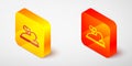 Isometric line Clockwork mouse icon isolated on grey background. Wind up mouse toy. Yellow and orange square button