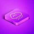 Isometric line Cloud with rain icon isolated on purple background. Rain cloud precipitation with rain drops. Purple Royalty Free Stock Photo
