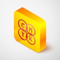 Isometric line CMYK color mixing icon isolated on grey background. Yellow square button. Vector