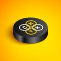 Isometric line CMYK color mixing icon isolated on yellow background. Black circle button. Vector
