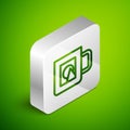 Isometric line Coffee cup icon isolated on green background. Take away print. Silver square button. Vector Royalty Free Stock Photo