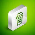 Isometric line Coffee cup to go icon isolated on green background. Take away print. Silver square button. Vector Royalty Free Stock Photo