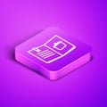 Isometric line Cookbook icon isolated on purple background. Cooking book icon. Recipe book. Fork and knife icons
