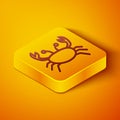 Isometric line Crab icon isolated on orange background. Yellow square button. Vector