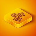 Isometric line Cracker biscuit icon isolated on orange background. Sweet cookie. Yellow square button. Vector