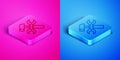 Isometric line Crossed hammer and wrench spanner icon isolated on pink and blue background. Hardware tools. Square