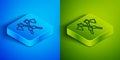 Isometric line Crossed medieval axes icon isolated on blue and green background. Battle axe, executioner axe. Medieval Royalty Free Stock Photo