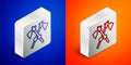 Isometric line Crossed medieval axes icon isolated on blue and orange background. Battle axe, executioner axe. Medieval