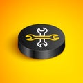 Isometric line Crossed wrenchs icon isolated on yellow background. Spanner repair tool. Service tool symbol. Black