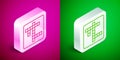 Isometric line Crossword icon isolated on pink and green background. Silver square button. Vector