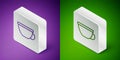 Isometric line Cup of tea icon isolated on purple and green background. Silver square button. Vector Royalty Free Stock Photo