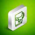 Isometric line Cup of tea and leaf icon isolated on green background. Silver square button. Vector Royalty Free Stock Photo