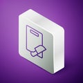 Isometric line Cutting board and knife icon isolated on purple background. Chopping Board symbol. Cutlery symbol. Silver