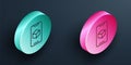 Isometric line 3D printer software icon isolated on black background. 3d printing. Turquoise and pink circle button