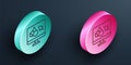 Isometric line 3D printer software icon isolated on black background. 3d printing. Turquoise and pink circle button