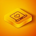 Isometric line Dating app online laptop concept icon isolated on orange background. Female male profile flat design