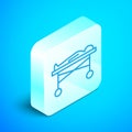 Isometric line Dead body in the morgue icon isolated on blue background. Silver square button. Vector