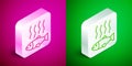 Isometric line Dead fish icon isolated on pink and green background. Rotten fish. Silver square button. Vector Royalty Free Stock Photo