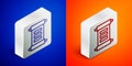 Isometric line Decree, paper, parchment, scroll icon icon isolated on blue and orange background. Silver square button Royalty Free Stock Photo