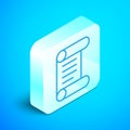 Isometric line Decree, paper, parchment, scroll icon icon isolated on blue background. Silver square button. Vector Royalty Free Stock Photo