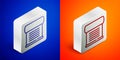 Isometric line Decree, paper, parchment, scroll icon icon isolated on blue and orange background. Silver square button Royalty Free Stock Photo