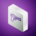 Isometric line Desert eagle gun icon isolated on purple background. Silver square button. Vector