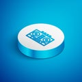 Isometric line DJ remote for playing and mixing music icon isolated on blue background. DJ mixer complete with vinyl Royalty Free Stock Photo