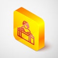 Isometric line DJ wearing headphones in front of record decks icon isolated on grey background. DJ playing music. Yellow