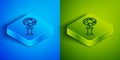 Isometric line DNA research, search icon isolated on blue and green background. Magnifying glass and dna chain. Genetic Royalty Free Stock Photo