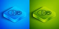 Isometric line Dog pill icon isolated on blue and green background. Prescription medicine for animal. Square button
