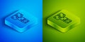 Isometric line Domino icon isolated on blue and green background. Square button. Vector