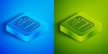 Isometric line Dossier folder icon isolated on blue and green background. Square button. Vector
