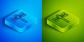 Isometric line Dragonfly icon isolated on blue and green background. Square button. Vector