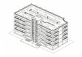 Isometric line drawing of a multi-level parking structure. The building has a rectangular shape Royalty Free Stock Photo