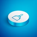 Isometric line Dustpan icon isolated on blue background. Cleaning scoop services. White circle button. Vector Royalty Free Stock Photo