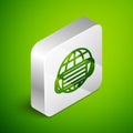 Isometric line Earth globe with medical mask icon isolated on green background. Silver square button. Vector.