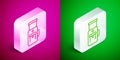 Isometric line Electric coffee grinder icon isolated on pink and green background. Silver square button. Vector Royalty Free Stock Photo