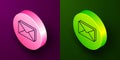 Isometric line Envelope icon isolated on purple and green background. Email message letter symbol. Circle button. Vector Royalty Free Stock Photo