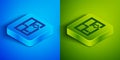 Isometric line Evacuation plan icon isolated on blue and green background. Fire escape plan. Square button. Vector Royalty Free Stock Photo