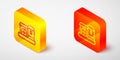 Isometric line Farm house icon isolated on grey background. Yellow and orange square button. Vector Royalty Free Stock Photo