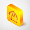 Isometric line Farm house icon isolated on grey background. Yellow square button. Vector Royalty Free Stock Photo
