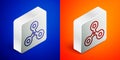 Isometric line Fidget spinner icon isolated on blue and orange background. Stress relieving toy. Trendy hand spinner