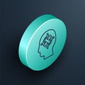 Isometric line Finding a problem in psychology icon isolated on black background. Turquoise circle button. Vector