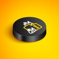 Isometric line Fire in burning house icon isolated on yellow background. Black circle button. Vector Royalty Free Stock Photo