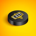 Isometric line Fire exit icon isolated on yellow background. Fire emergency icon. Black circle button. Vector