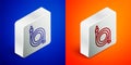 Isometric line Fire hose reel icon isolated on blue and orange background. Silver square button. Vector Royalty Free Stock Photo