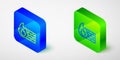 Isometric line Firewall, security wall icon isolated on grey background. Blue and green square button. Vector Royalty Free Stock Photo