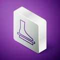 Isometric line Flat foot icon isolated on purple background. Silver square button. Vector