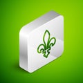 Isometric line Fleur De Lys icon isolated on green background. Silver square button. Vector Royalty Free Stock Photo